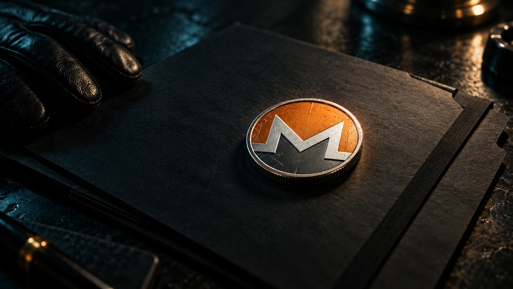 An orange and silver Monero coin on a dark evidence file, lit in copper and teal.