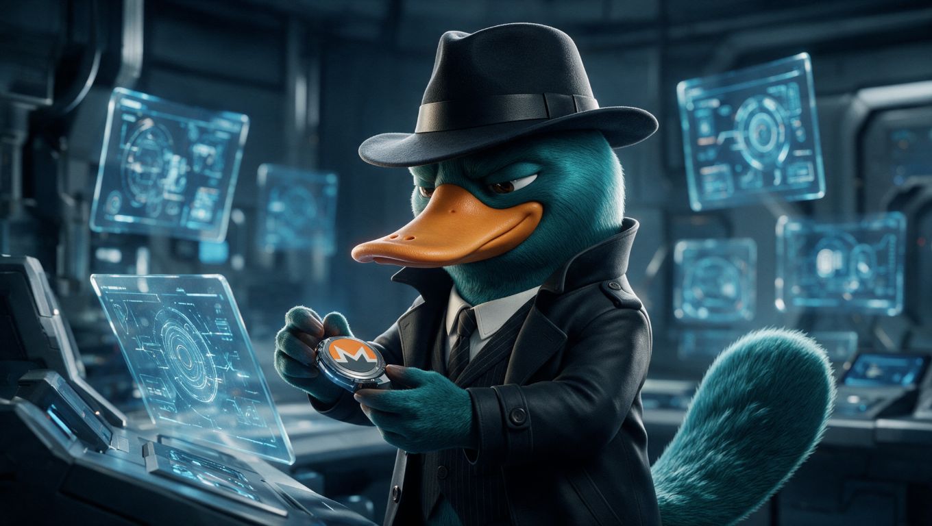 Perry examining a Monero coin inside a blue-lit operations room.
